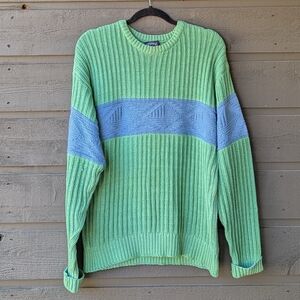 VTG 80s Boathouse Row Green Blue Colorblock Intarsia Sailboat Cotton Sweater LG